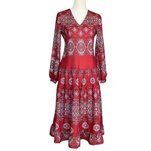 V-neck Midi Dress Long Sleeve Ethnic Bohemian Paisley Print Brick Red S